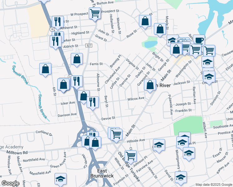 map of restaurants, bars, coffee shops, grocery stores, and more near 57 Colfax Street in South River