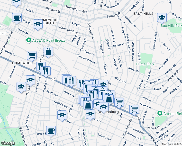 map of restaurants, bars, coffee shops, grocery stores, and more near 500 Holmes Street in Pittsburgh