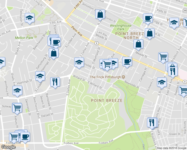 map of restaurants, bars, coffee shops, grocery stores, and more near 415 South Murtland Street in Pittsburgh