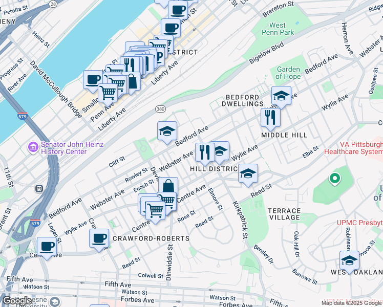 map of restaurants, bars, coffee shops, grocery stores, and more near 2167 Webster Avenue in Pittsburgh