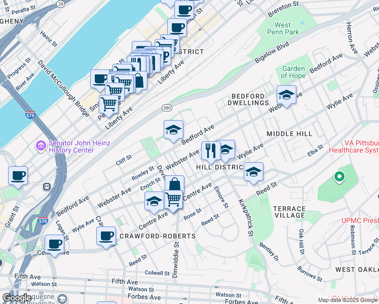 map of restaurants, bars, coffee shops, grocery stores, and more near 2116 Bedford Avenue in Pittsburgh