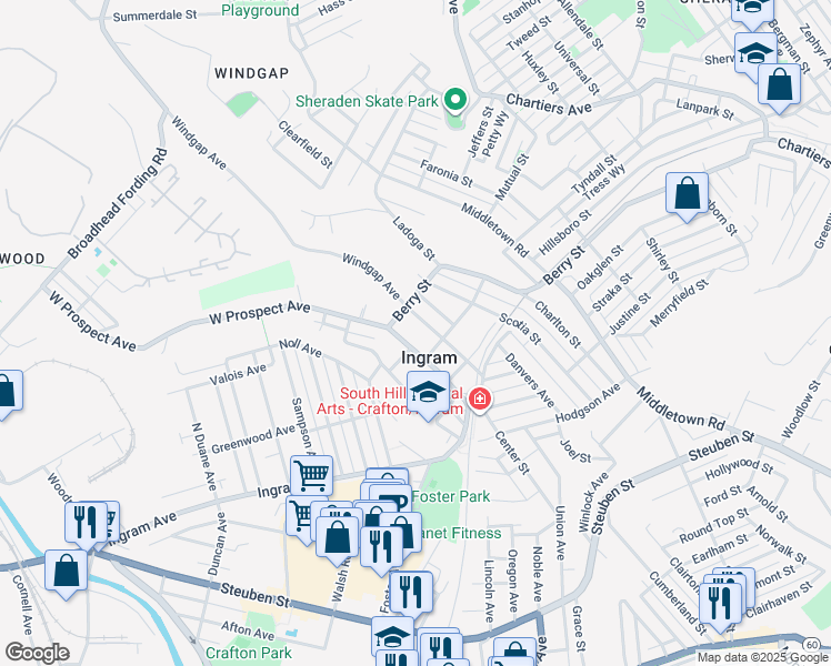 map of restaurants, bars, coffee shops, grocery stores, and more near in Ingram
