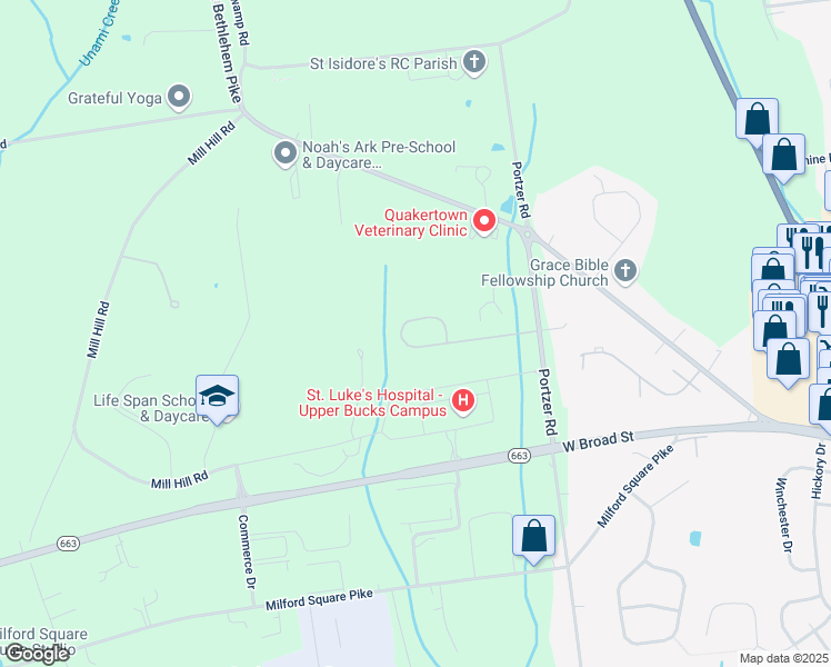 map of restaurants, bars, coffee shops, grocery stores, and more near 2335 Blackledge Drive in Quakertown