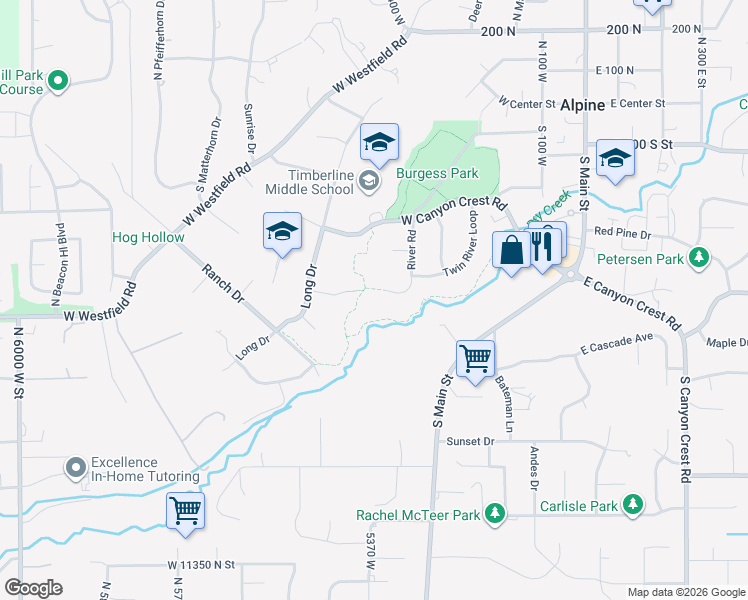 map of restaurants, bars, coffee shops, grocery stores, and more near 504 Long Drive in Alpine