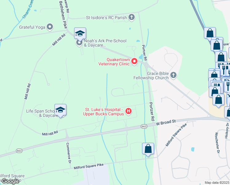 map of restaurants, bars, coffee shops, grocery stores, and more near 2335 Blackledge Drive in Quakertown