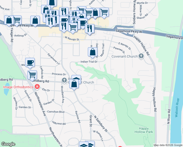 map of restaurants, bars, coffee shops, grocery stores, and more near 136 Seminole Drive in West Lafayette