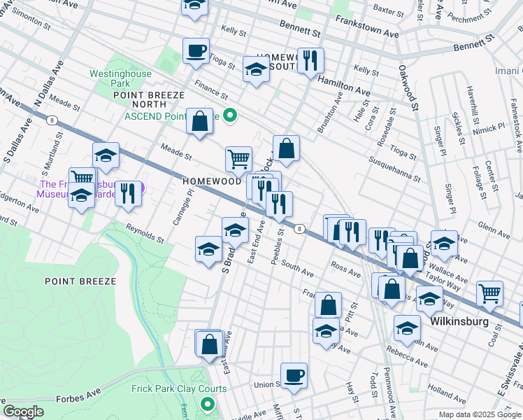 map of restaurants, bars, coffee shops, grocery stores, and more near 7628 Penn Avenue in Pittsburgh