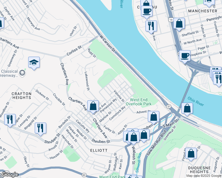 map of restaurants, bars, coffee shops, grocery stores, and more near 1045 Valonia Street in Pittsburgh