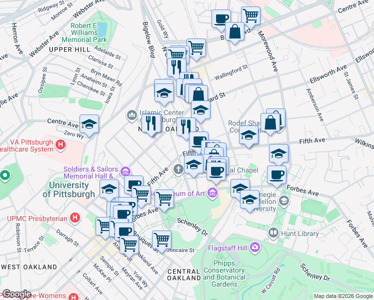 map of restaurants, bars, coffee shops, grocery stores, and more near 4415 Fifth Avenue in Pittsburgh