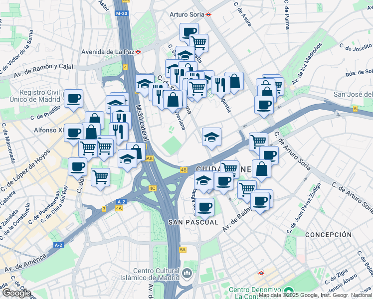 map of restaurants, bars, coffee shops, grocery stores, and more near 35 Calle de Ramírez de Arellano in Madrid