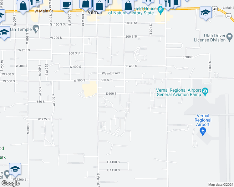 map of restaurants, bars, coffee shops, grocery stores, and more near 101 600 South Street in Vernal