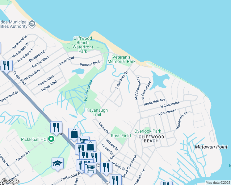 map of restaurants, bars, coffee shops, grocery stores, and more near 823 Lakeshore Drive in Keyport