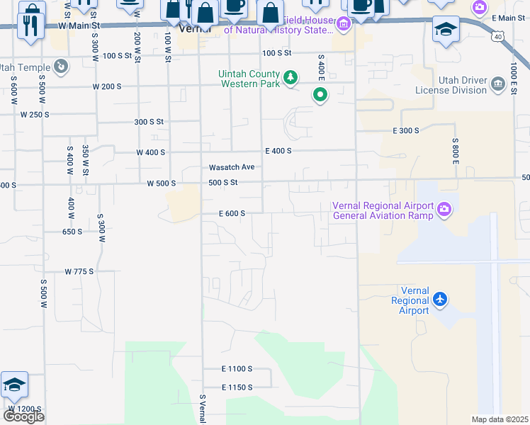 map of restaurants, bars, coffee shops, grocery stores, and more near 235 East 600 South in Vernal