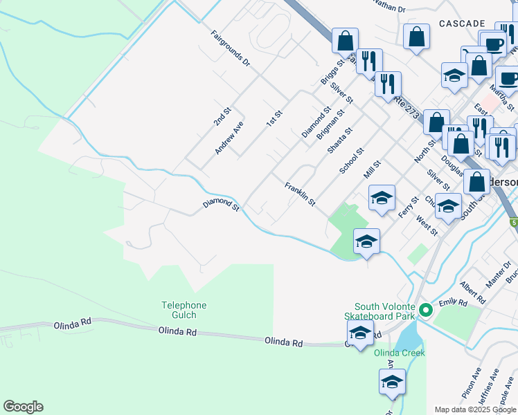 map of restaurants, bars, coffee shops, grocery stores, and more near 1411 Diamond Street in Anderson