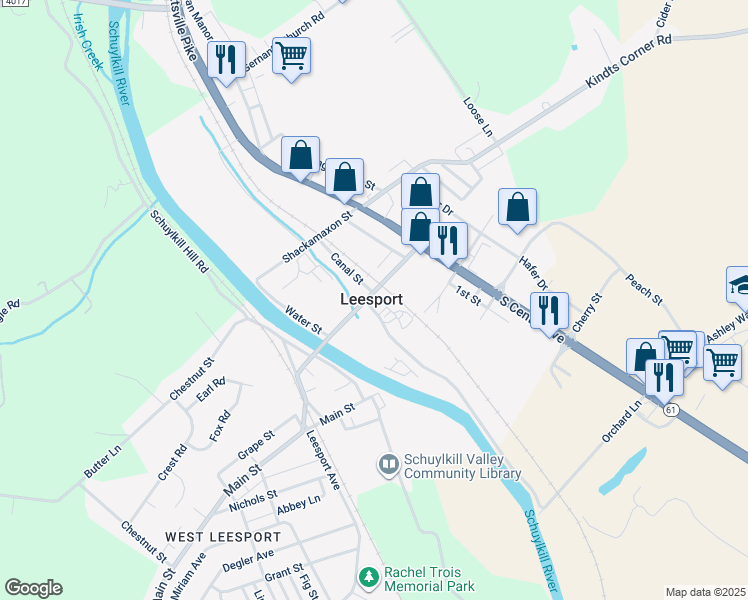 map of restaurants, bars, coffee shops, grocery stores, and more near in Leesport