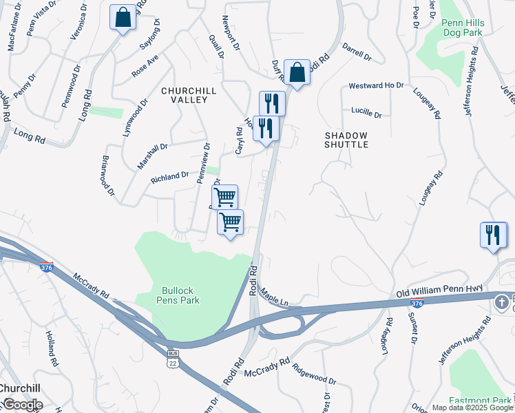 map of restaurants, bars, coffee shops, grocery stores, and more near 637 Homewood Drive in Pittsburgh