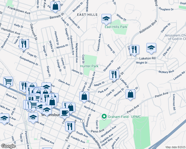 map of restaurants, bars, coffee shops, grocery stores, and more near 1715 Swissvale Avenue in Pittsburgh