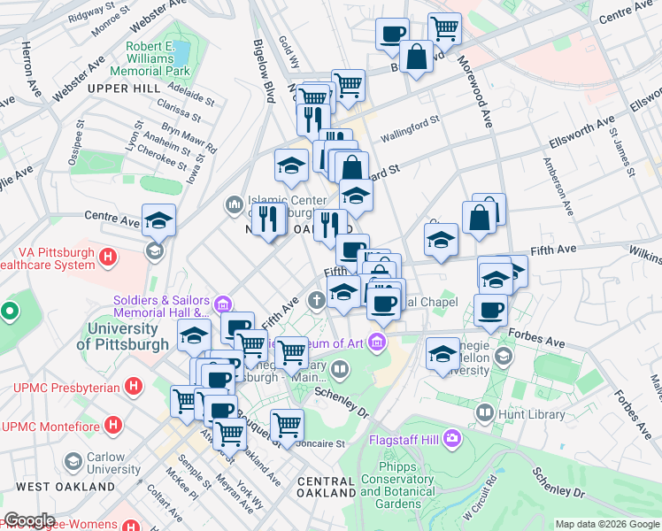map of restaurants, bars, coffee shops, grocery stores, and more near 133 North Dithridge Street in Pittsburgh