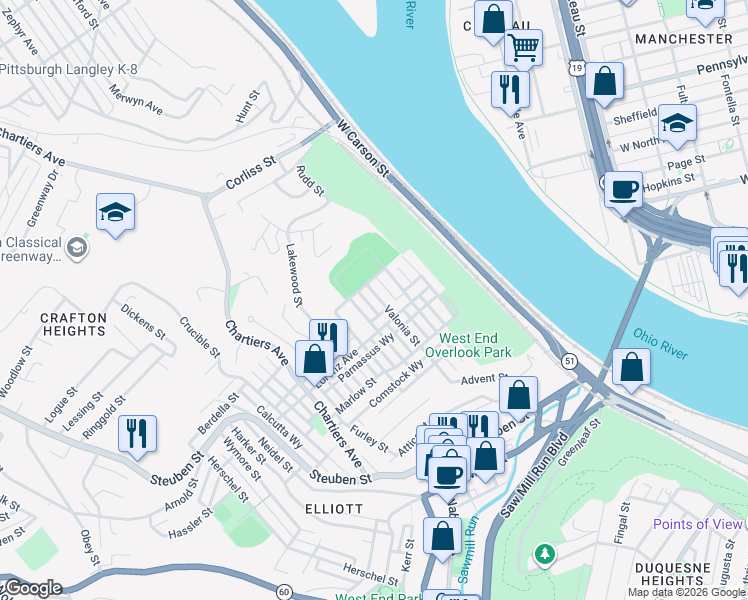 map of restaurants, bars, coffee shops, grocery stores, and more near 1045 Valonia Street in Pittsburgh