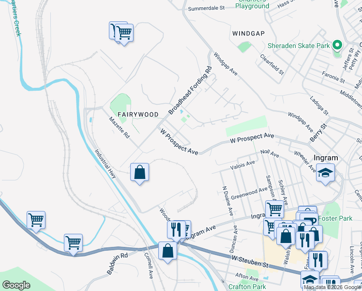 map of restaurants, bars, coffee shops, grocery stores, and more near 419 Fairywood Street in Pittsburgh