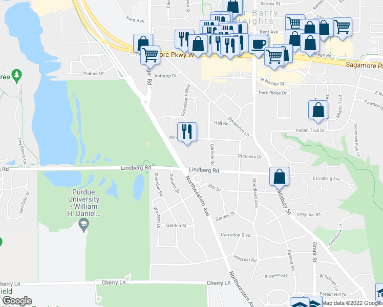 map of restaurants, bars, coffee shops, grocery stores, and more near 1115 Windsor Drive in West Lafayette