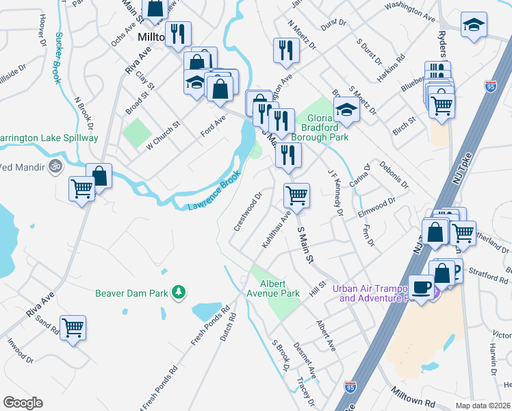 map of restaurants, bars, coffee shops, grocery stores, and more near 287 Crestwood Drive in Milltown