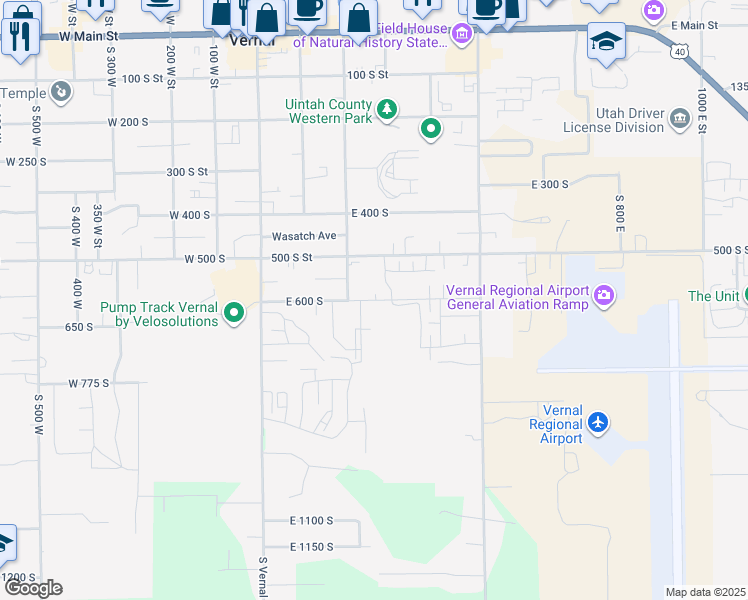 map of restaurants, bars, coffee shops, grocery stores, and more near 472 East 600 South in Vernal