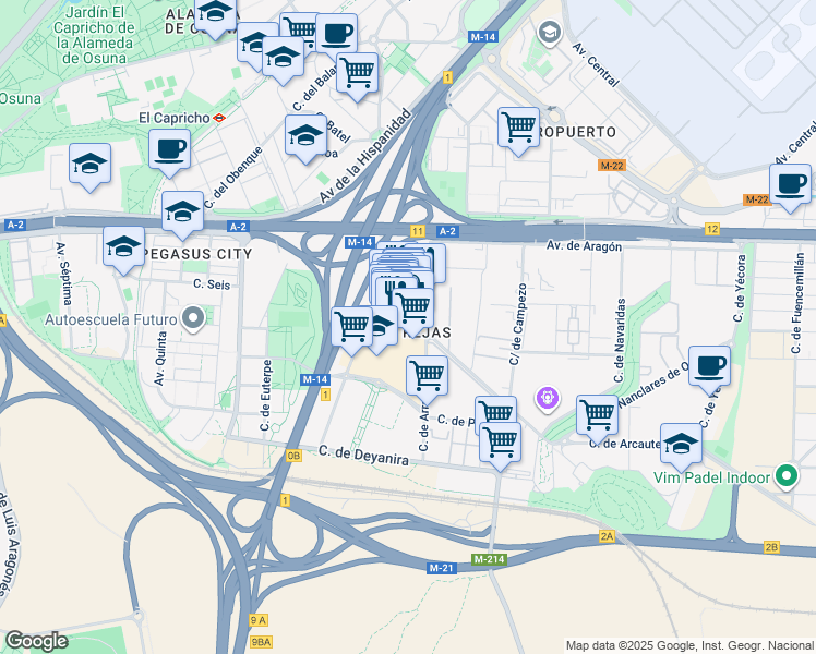 map of restaurants, bars, coffee shops, grocery stores, and more near 28 Calle de Aracne in Madrid