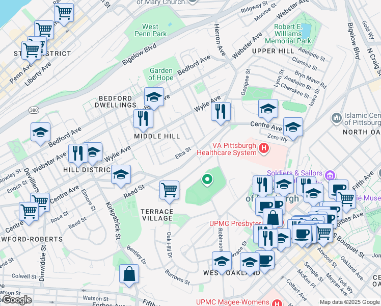 map of restaurants, bars, coffee shops, grocery stores, and more near 2621 Centre Avenue in Pittsburgh