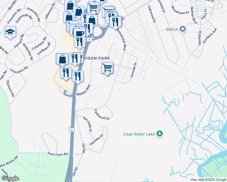 map of restaurants, bars, coffee shops, grocery stores, and more near 3503 Westminster Boulevard in Old Bridge