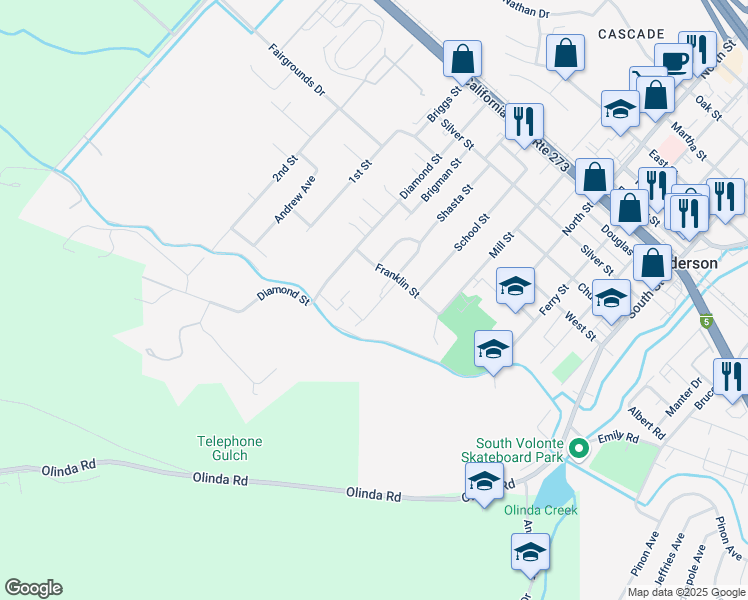 map of restaurants, bars, coffee shops, grocery stores, and more near 3300 Franklin Street in Anderson