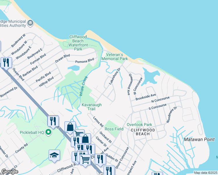 map of restaurants, bars, coffee shops, grocery stores, and more near 823 Lakeshore Drive in Keyport