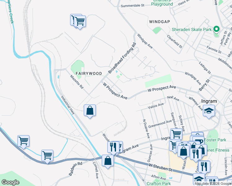 map of restaurants, bars, coffee shops, grocery stores, and more near 419 Fairywood Street in Pittsburgh