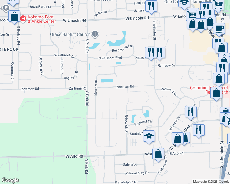 map of restaurants, bars, coffee shops, grocery stores, and more near 904 Zartman Road in Kokomo