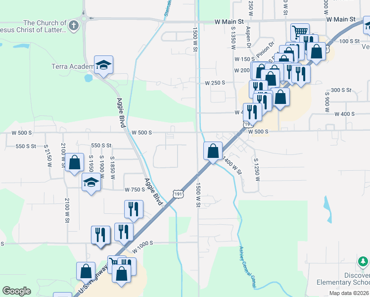 map of restaurants, bars, coffee shops, grocery stores, and more near 1555 West Partridge Drive in Vernal
