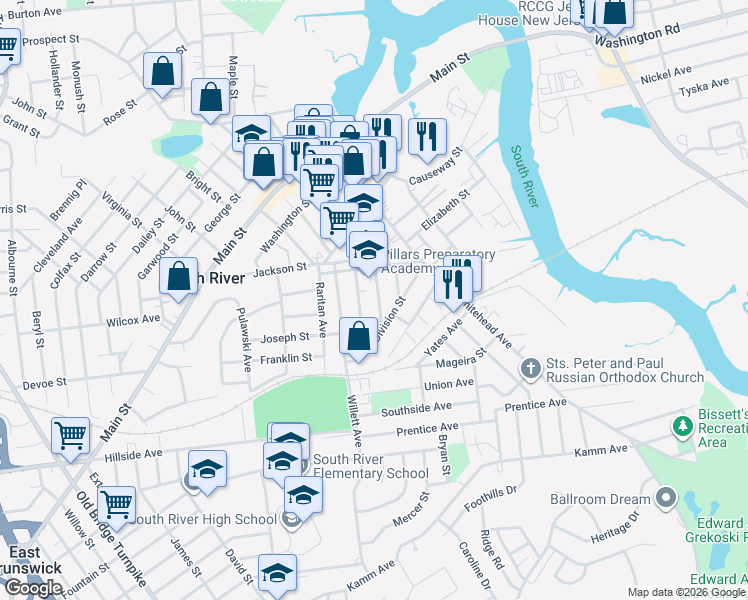 map of restaurants, bars, coffee shops, grocery stores, and more near 12 Lincoln Street in South River