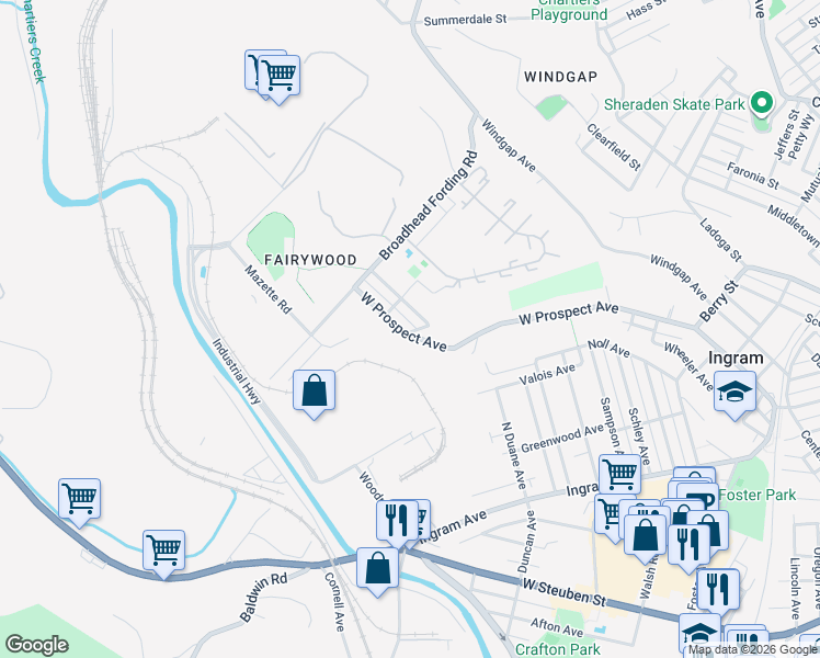 map of restaurants, bars, coffee shops, grocery stores, and more near 419 Fairywood Street in Pittsburgh