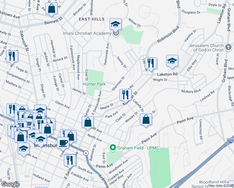 map of restaurants, bars, coffee shops, grocery stores, and more near 1218 Sherman Street in Pittsburgh