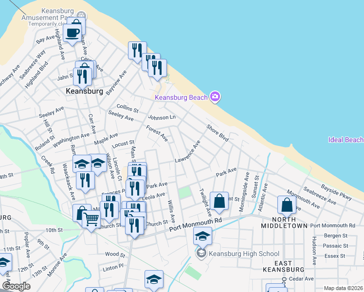 map of restaurants, bars, coffee shops, grocery stores, and more near 88 Twilight Avenue in Keansburg