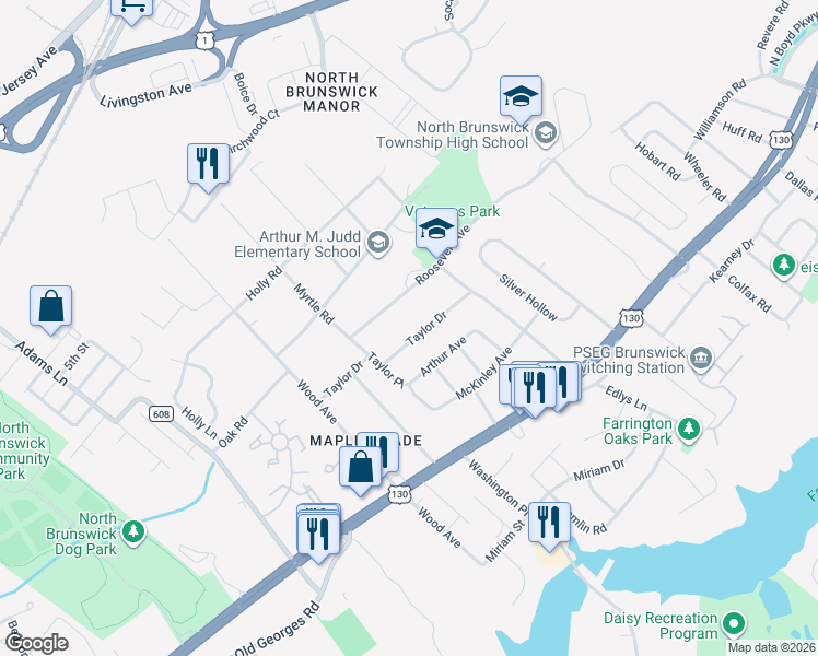 map of restaurants, bars, coffee shops, grocery stores, and more near 1631 Taylor Drive in North Brunswick Township