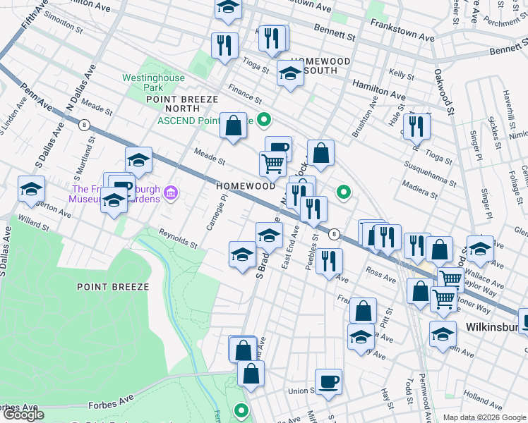 map of restaurants, bars, coffee shops, grocery stores, and more near 7503 Penn Avenue in Pittsburgh