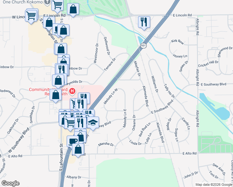 map of restaurants, bars, coffee shops, grocery stores, and more near 3401-3599 Melody Lane West in Kokomo