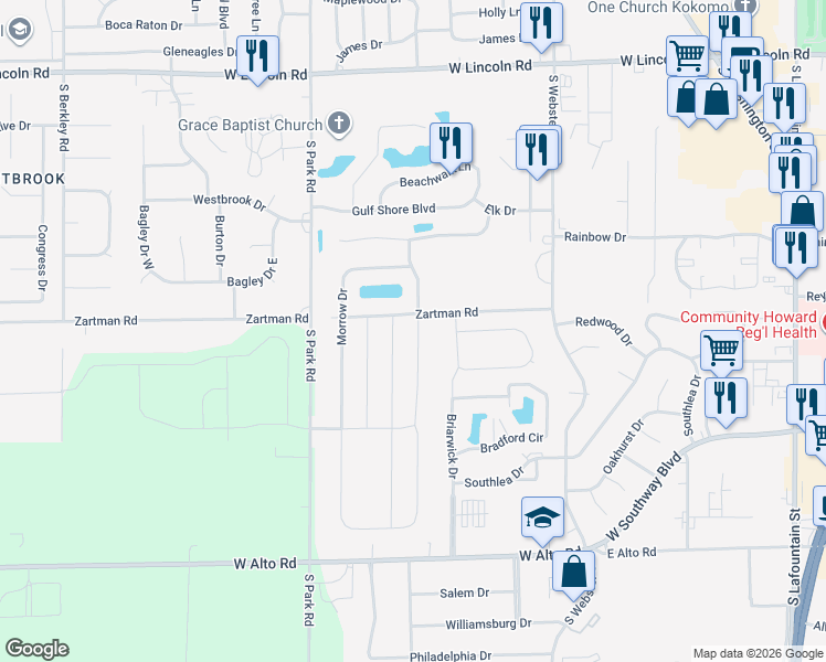 map of restaurants, bars, coffee shops, grocery stores, and more near 904 Zartman Road in Kokomo