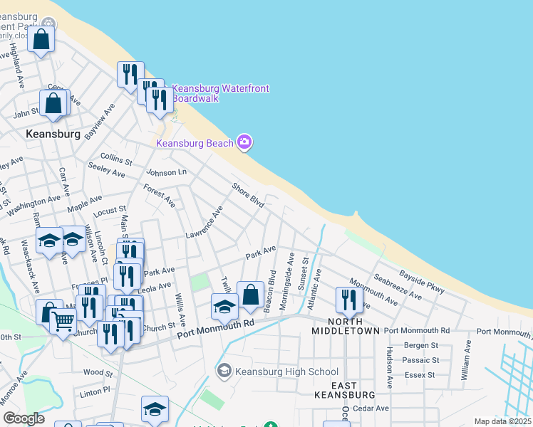map of restaurants, bars, coffee shops, grocery stores, and more near 1 Beacon Boulevard in Keansburg