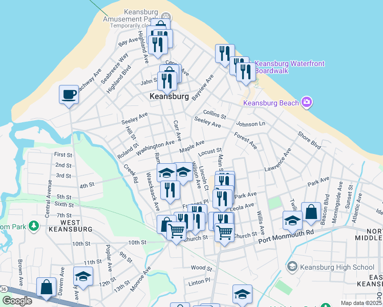 map of restaurants, bars, coffee shops, grocery stores, and more near 79 Maple Avenue in Keansburg