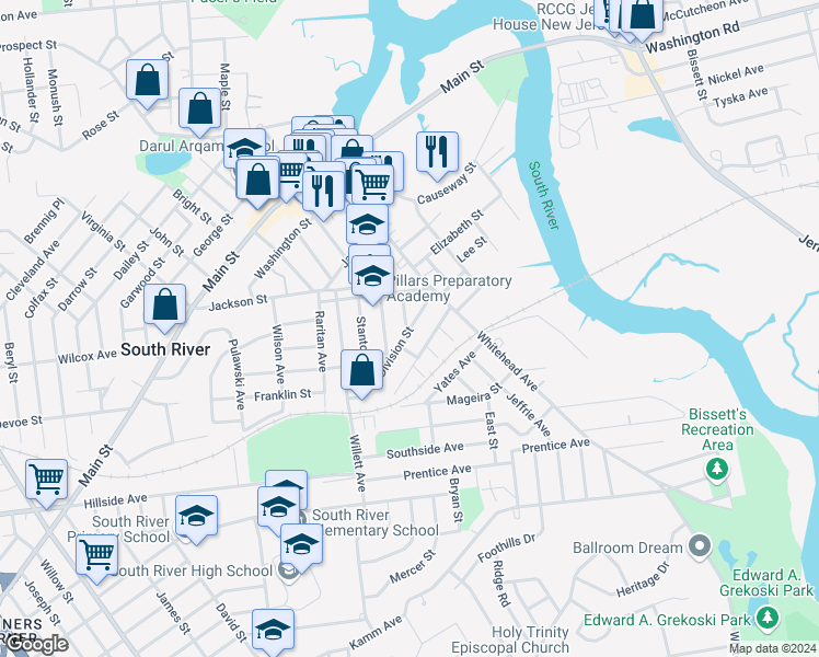 map of restaurants, bars, coffee shops, grocery stores, and more near 89 Division Street in South River