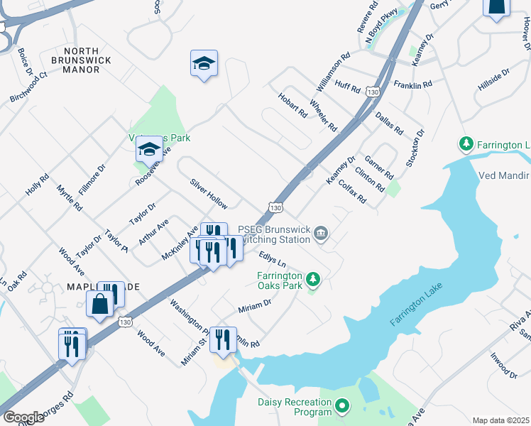 map of restaurants, bars, coffee shops, grocery stores, and more near 1461 U.S. 130 in North Brunswick Township
