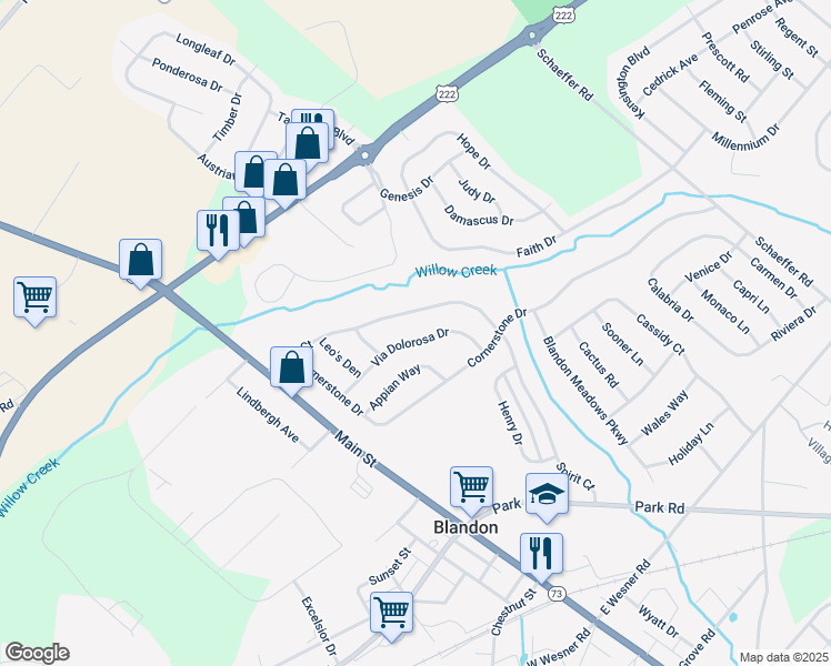 map of restaurants, bars, coffee shops, grocery stores, and more near 118 Spirit Court in Blandon