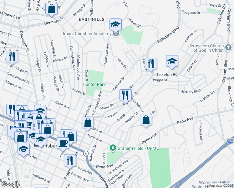 map of restaurants, bars, coffee shops, grocery stores, and more near 1218 Sherman Street in Pittsburgh