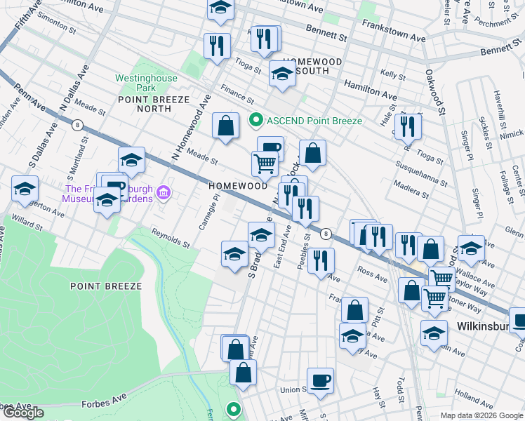 map of restaurants, bars, coffee shops, grocery stores, and more near 7503 Penn Avenue in Pittsburgh
